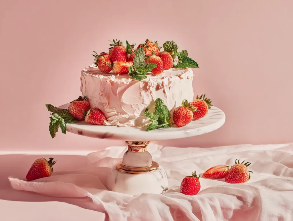 creamy strawberry cake with fresh strawberries on white marble
