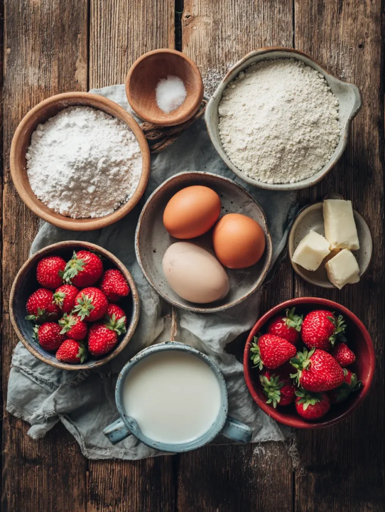 Creamy Strawberry Cake – Fluffy, Fresh & Easy to Make 1 ingredients for creamy strawberry cake laid on table