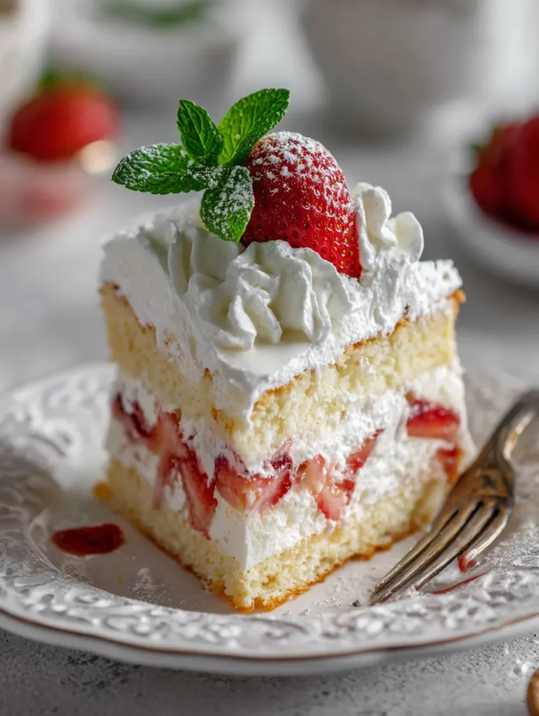 Creamy Strawberry Cake – Fluffy, Fresh & Easy to Make 4 creamy strawberry cake slice with whipped cream and mint