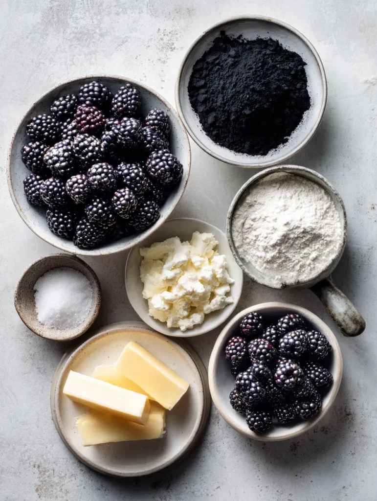 Decadent Blackberry Velvet Gothic Cake Lush Cream Filling Inside 7 Flatlay of ingredients for blackberry velvet gothic cake.