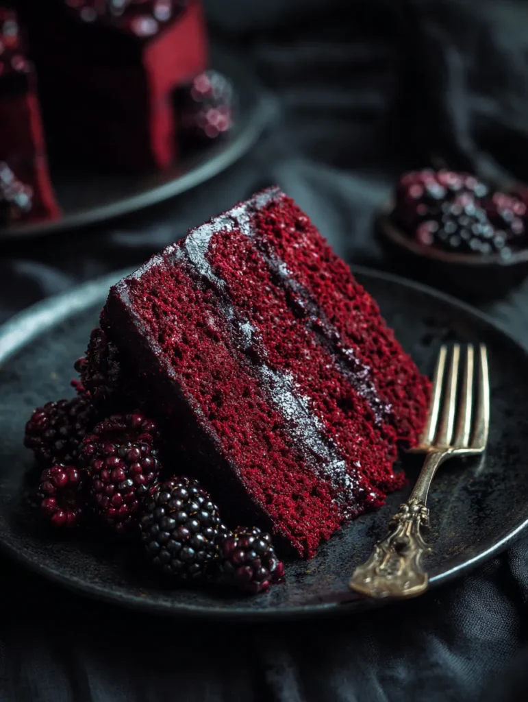 Decadent Blackberry Velvet Gothic Cake Lush Cream Filling Inside 6 Slice of gothic blackberry velvet cake served with blackberries.