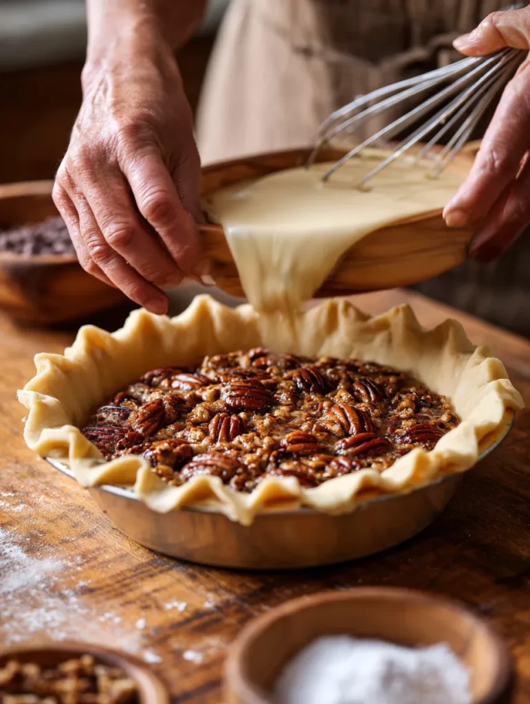 Toffee Chocolate Pecan Pie: Gooey, Rich & The Ultimate Holiday Dessert 8 Whole toffee chocolate pecan pie on decorated holiday table