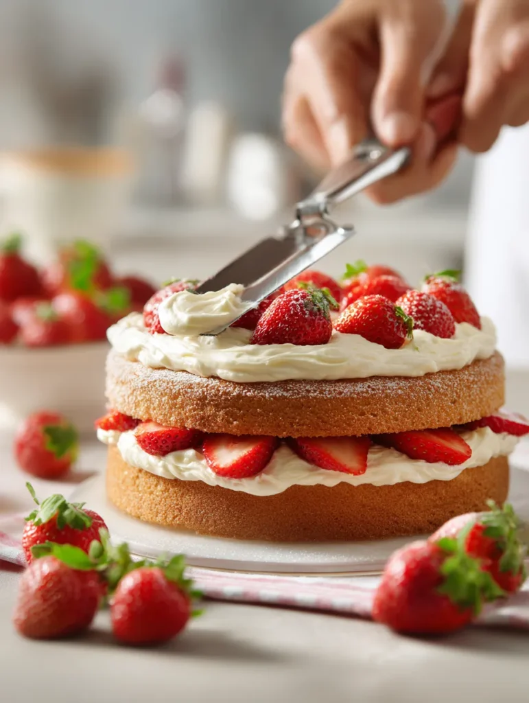 Creamy Strawberry Cake – Fluffy, Fresh & Easy to Make 3 spreading custard on strawberry sponge cake