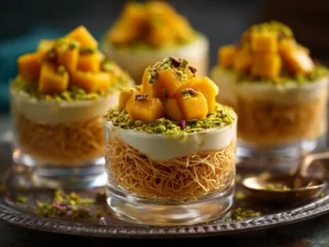 Final presentation of mango kunafa cups with mango and pistachio topping.