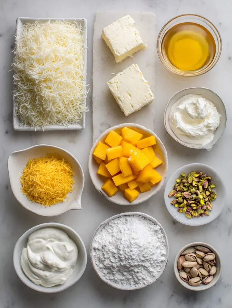 Flatlay of ingredients used to prepare mango kunafa cups.