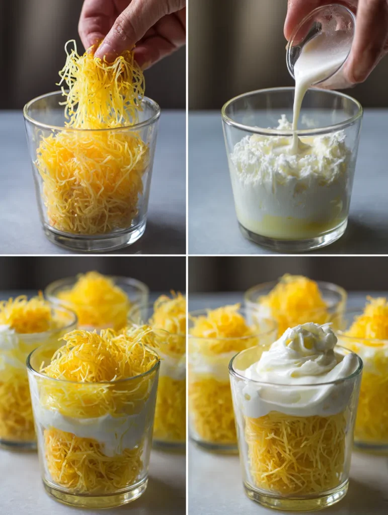 Step-by-step preparation of mango kunafa cups in four instructional frames.