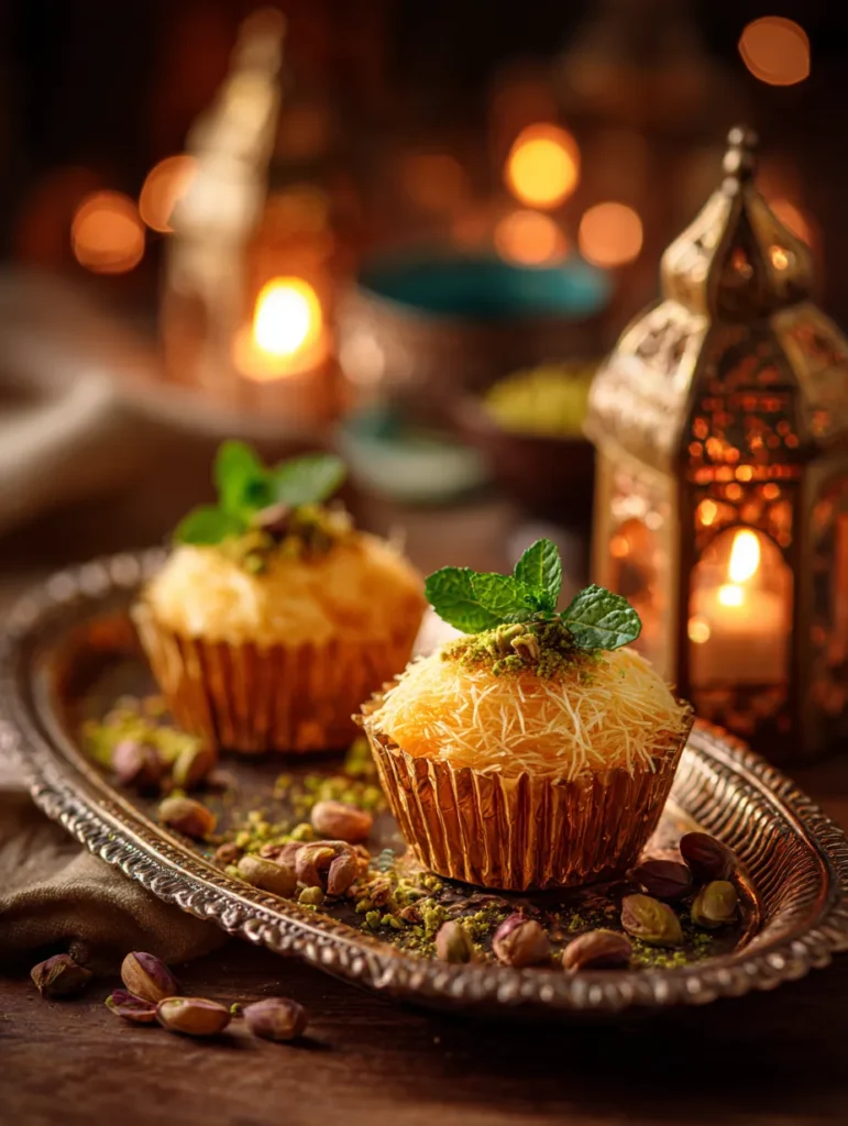 Mango kunafa cups served on a tray with festive decor.