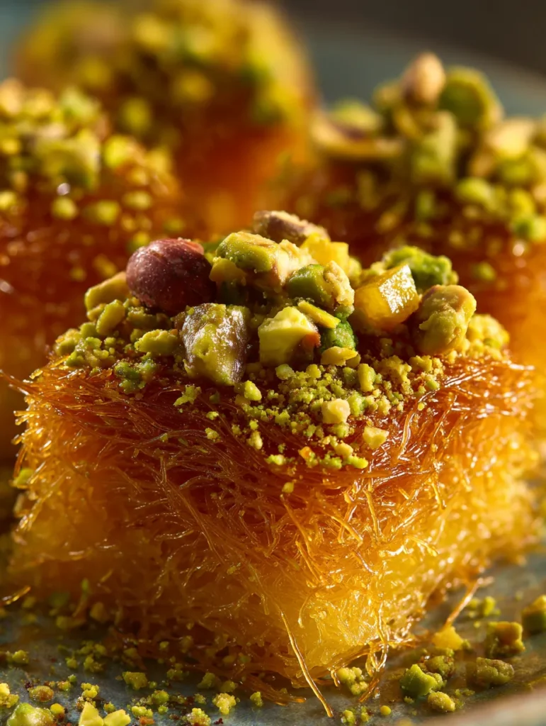 Close-up texture shot of layered mango kunafa cup.