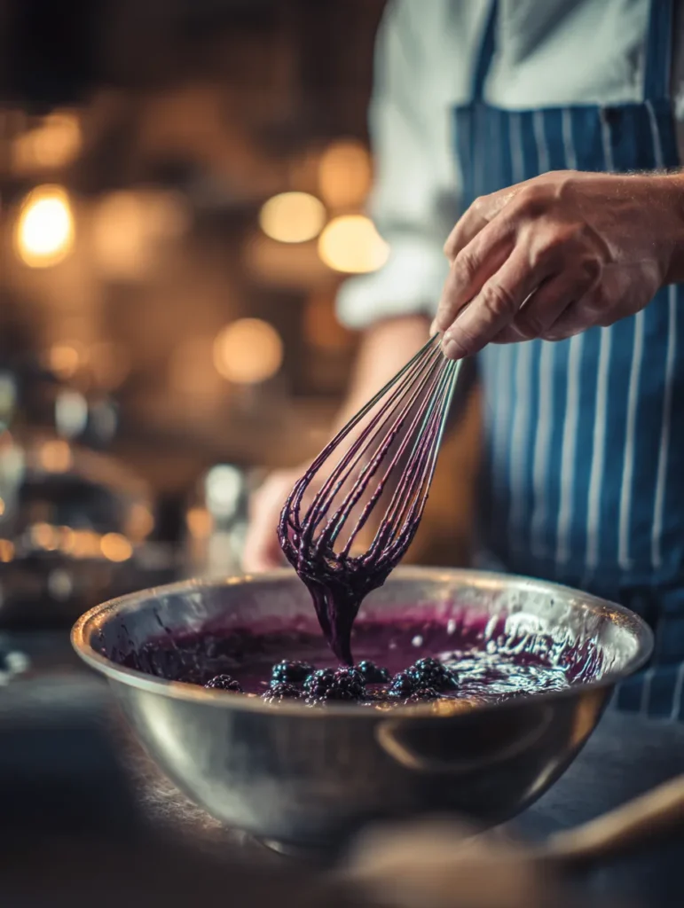 Decadent Blackberry Velvet Gothic Cake Lush Cream Filling Inside 8 Mixing dark blackberry velvet cake batter.