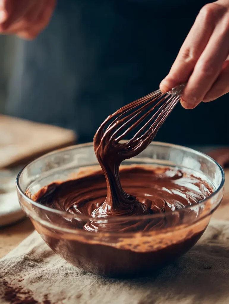 Triple Chocolate Cheesecake (Ultra-Creamy & Decadent Layered Dessert) 3 Hands mixing creamy chocolate cheesecake batter in a glass bowl.