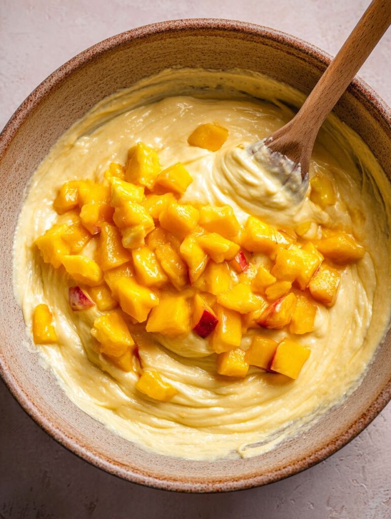 Irresistible Summer Peach Cake (Moist, Juicy & Fresh Summer Peach Recipe) 9 Mixing peaches into the cake batter