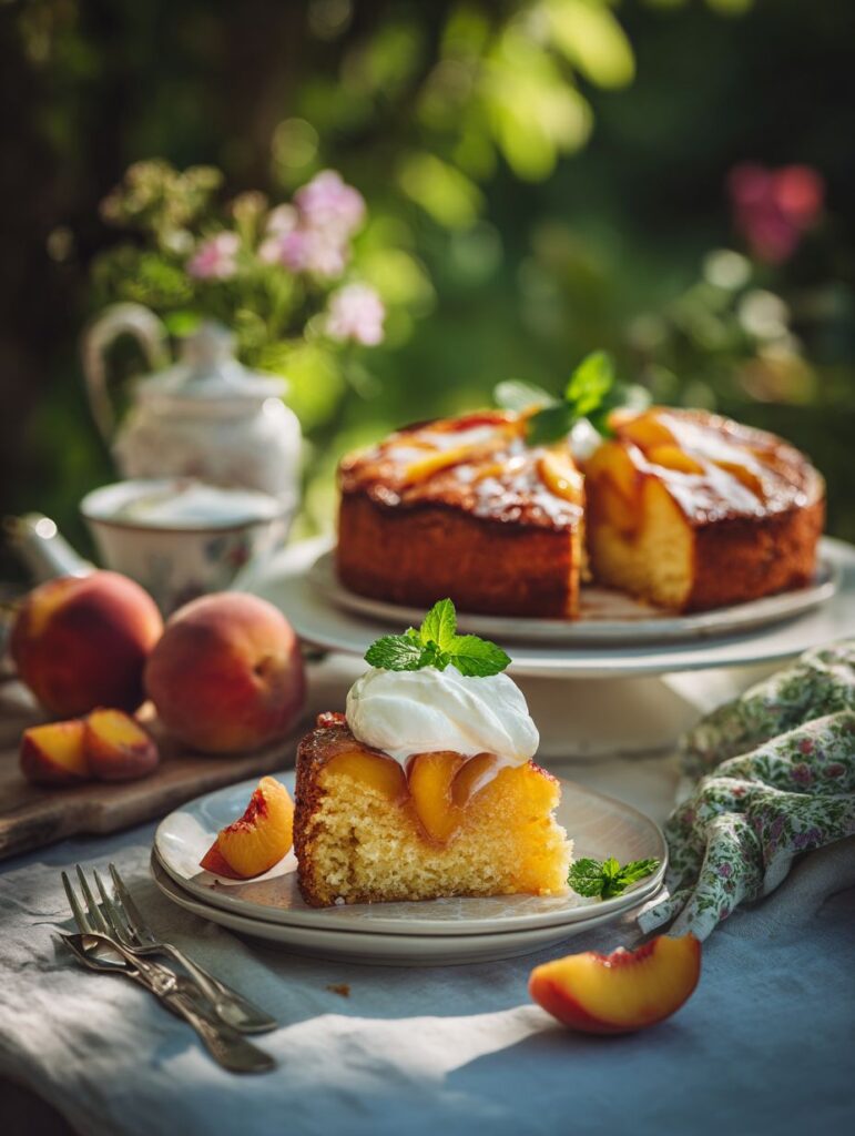 Irresistible Summer Peach Cake (Moist, Juicy & Fresh Summer Peach Recipe) 7 Slice of summer peach cake served with whipped cream