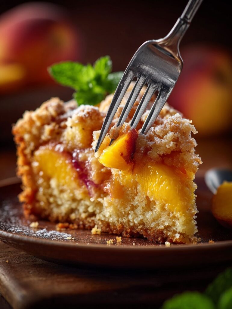 Irresistible Summer Peach Cake (Moist, Juicy & Fresh Summer Peach Recipe) 10 Close-up of a moist and juicy slice of summer peach cake
