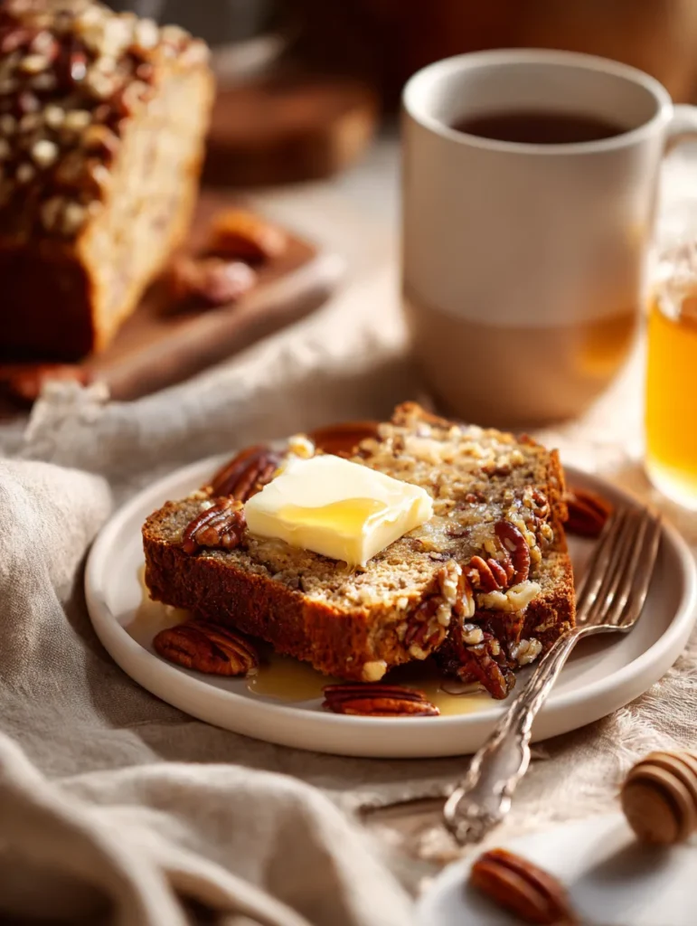 Sweet Alabama Pecan Bread – A 5-Star Moist, Buttery & Pecan-Loaded Loaf 9 Sweet Alabama Pecan Bread served with honey butter