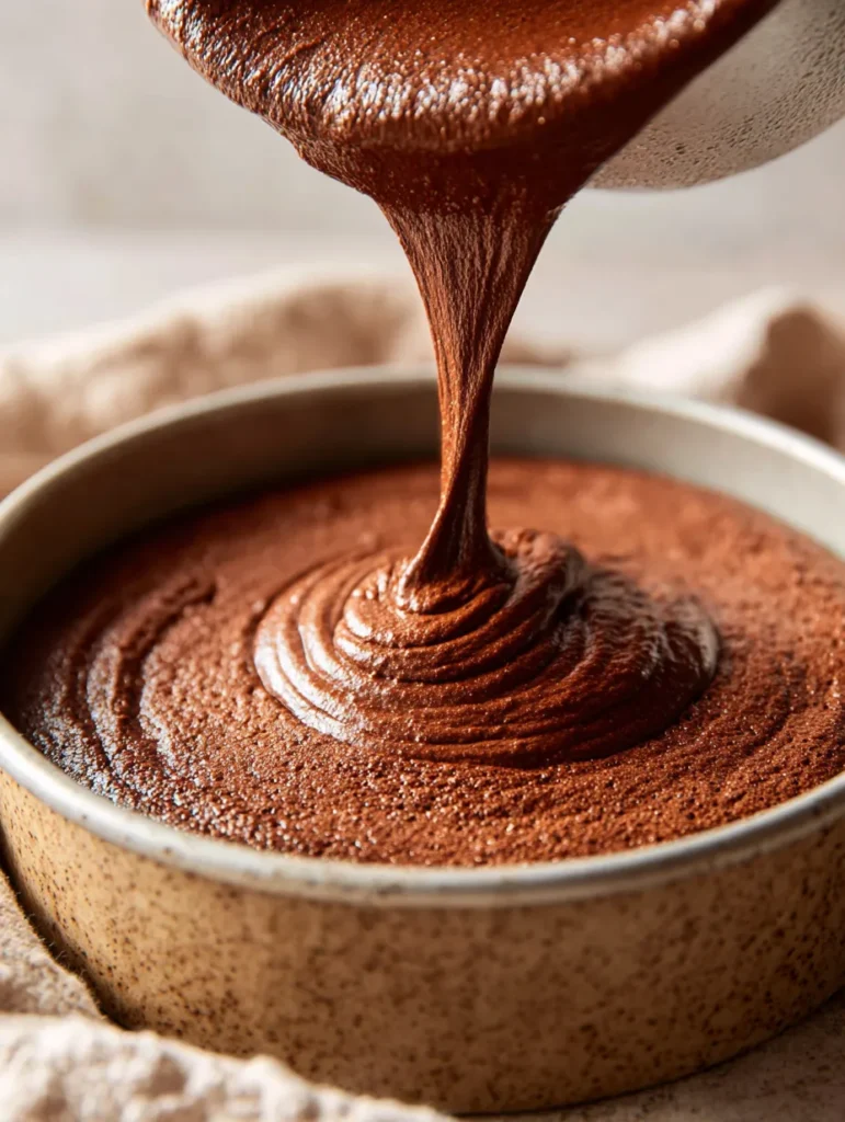 Chocolate Ganache Cake That Melts in Your Mouth 9 Pouring chocolate cake batter into baking pan