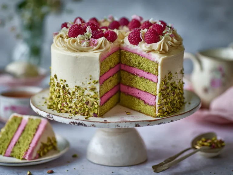 Raspberry Pistachio Cake sliced showing vibrant layers