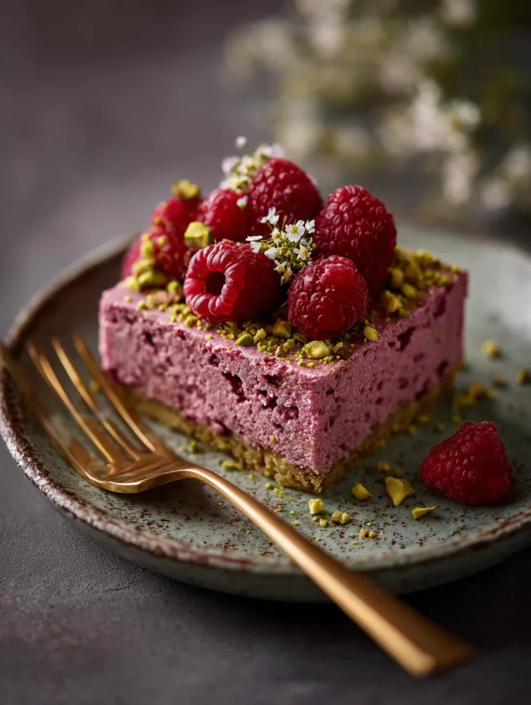 Raspberry Pistachio Cake Soft Pistachio Layers & Fresh Raspberry Filling 6 Raspberry Pistachio Cake slice with toppings