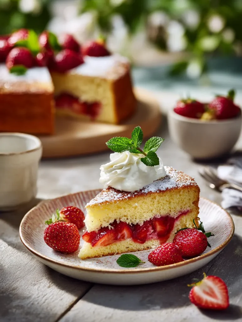 Strawberry Custard Cake – Fluffy, Creamy & Perfect for Summer 6 Serving slice of strawberry custard cake
