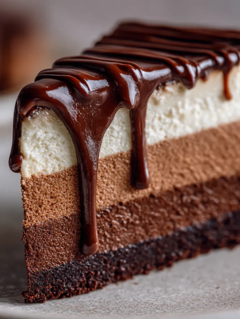 Triple Chocolate Cheesecake (Ultra-Creamy & Decadent Layered Dessert) 1 Slice of triple chocolate cheesecake served with berries and chocolate shavings.