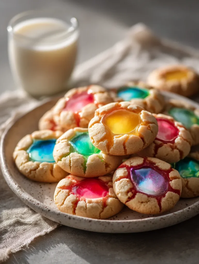 Easy Stained Glass Cookies – Colorful, Glowing “Glass” Centers Made Easy 6 Easy Stained Glass Cookies served with warm milk.