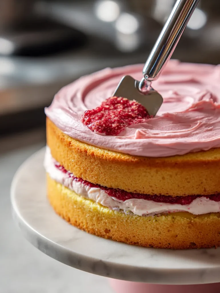 Raspberry Pistachio Cake Soft Pistachio Layers & Fresh Raspberry Filling 9 Layering raspberry jam and buttercream