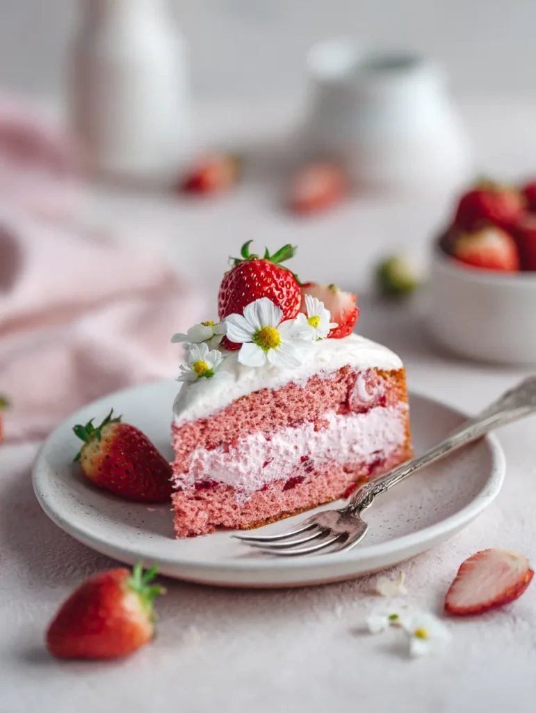 Strawberry Cake Sheet (Moist, Fresh & Easy for a Crowd) 7 Slice of strawberry cake sheet on plate