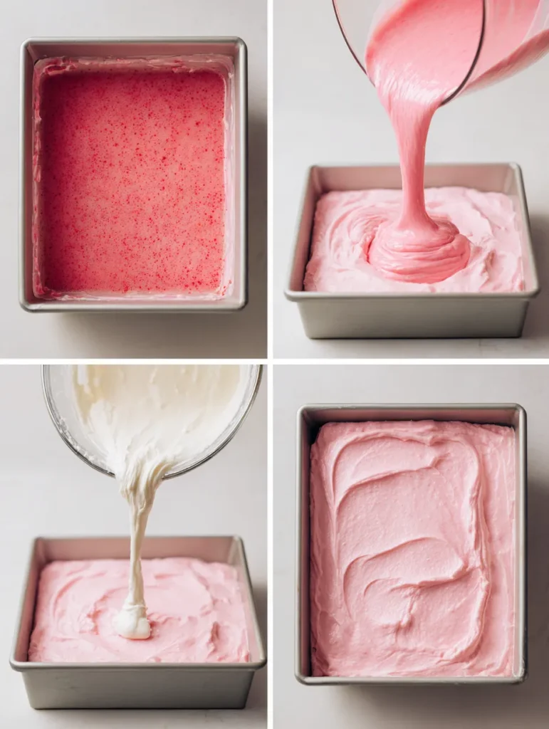 Strawberry Cake Sheet (Moist, Fresh & Easy for a Crowd) 9 Four-step collage for making a strawberry cake sheet