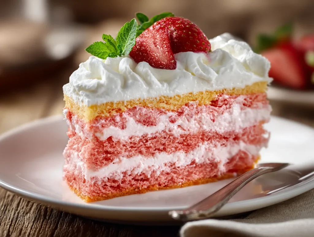Strawberry custard cake slice with fresh strawberries