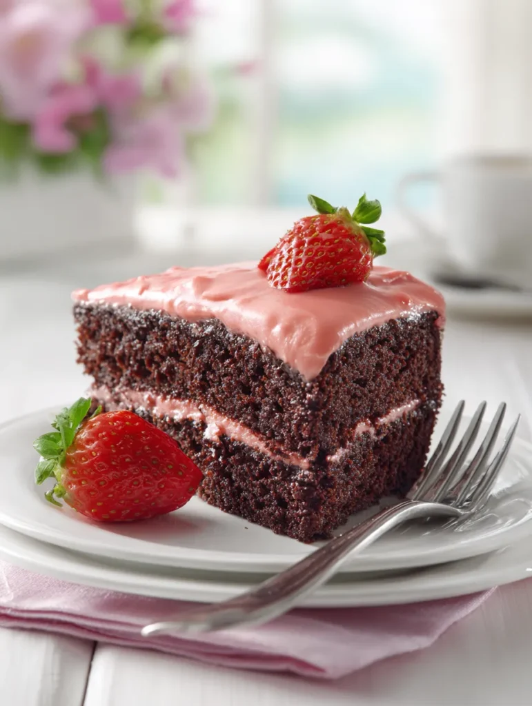 Strawberry Icing for Chocolate Cake (Bright, Creamy & Naturally Pink) 7 Slice of chocolate cake with strawberry icing