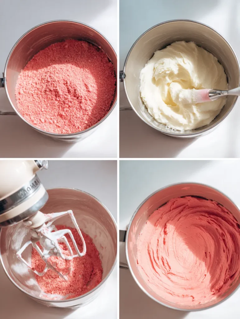 Strawberry Icing for Chocolate Cake (Bright, Creamy & Naturally Pink) 9 4-step strawberry icing preparation collage