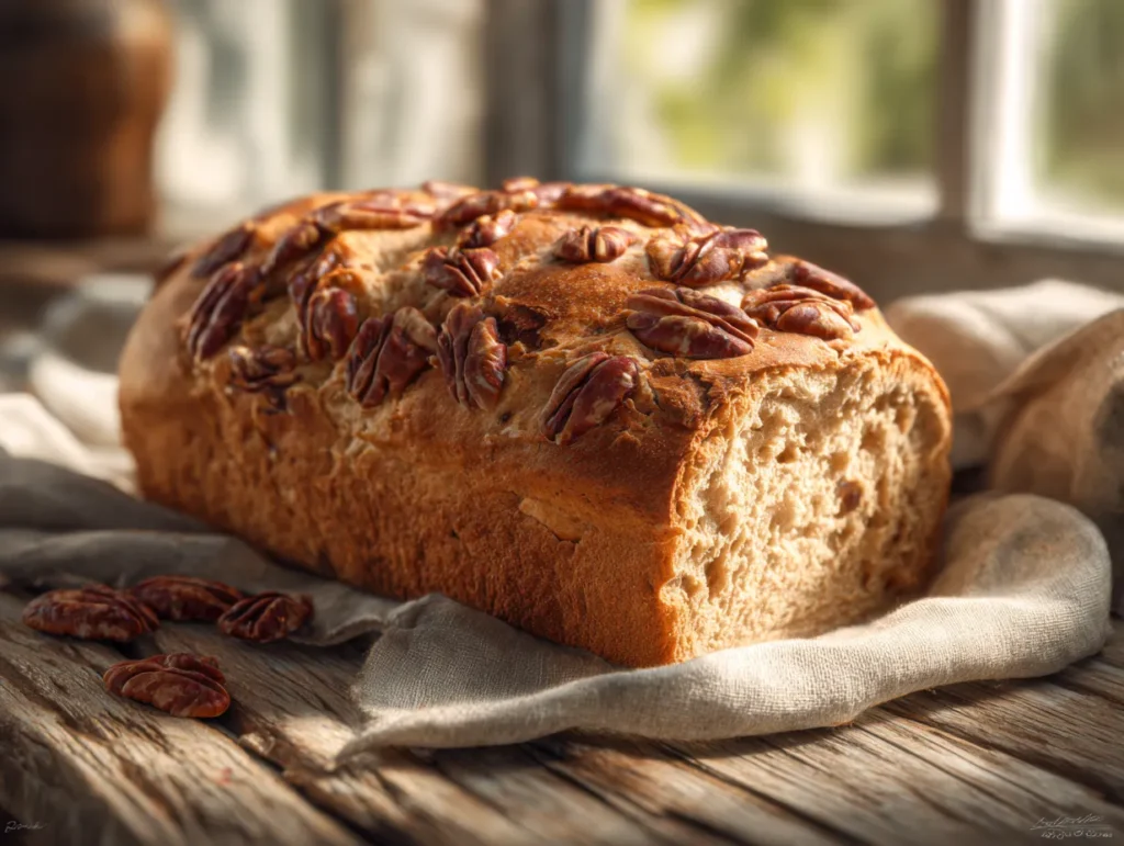 Sweet Alabama Pecan Bread loaf with chopped pecans on top