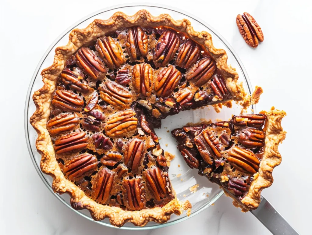 Toffee chocolate pecan pie on rustic table