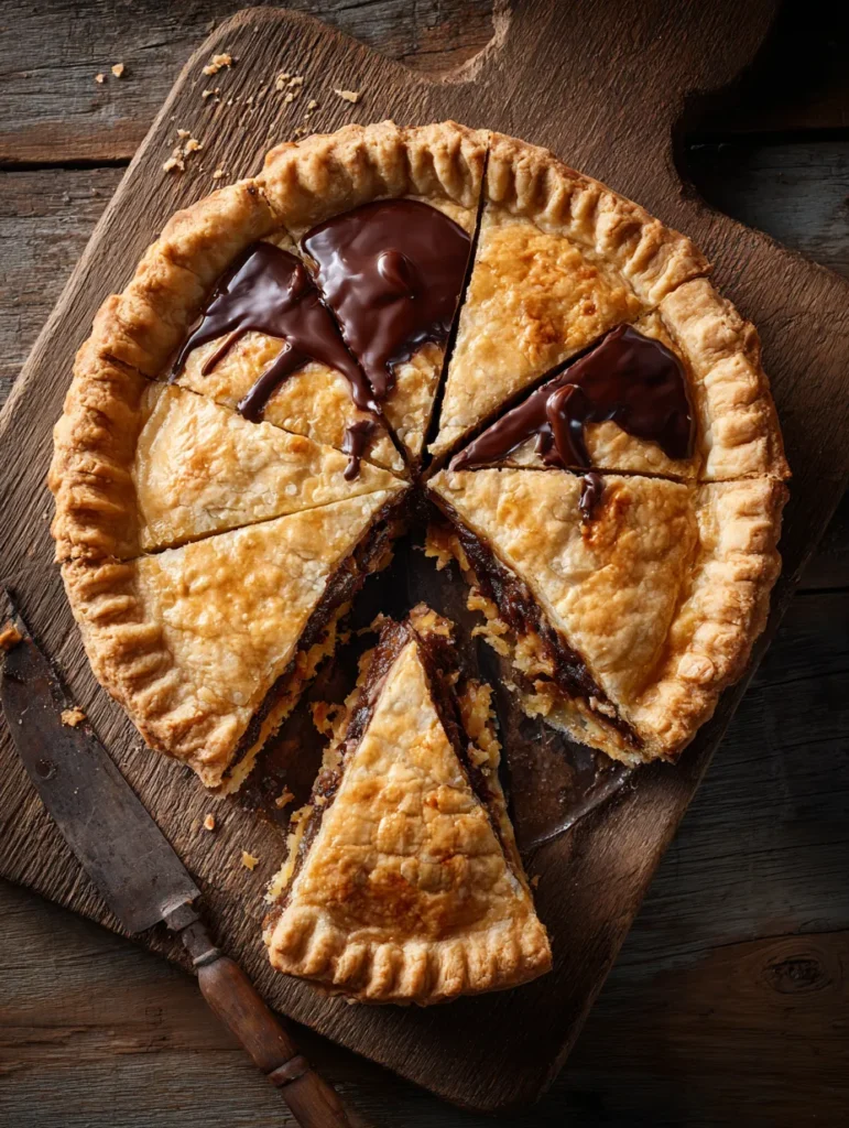 Toffee Chocolate Pecan Pie: Gooey, Rich & The Ultimate Holiday Dessert 11 Full toffee chocolate pecan pie with slice removed