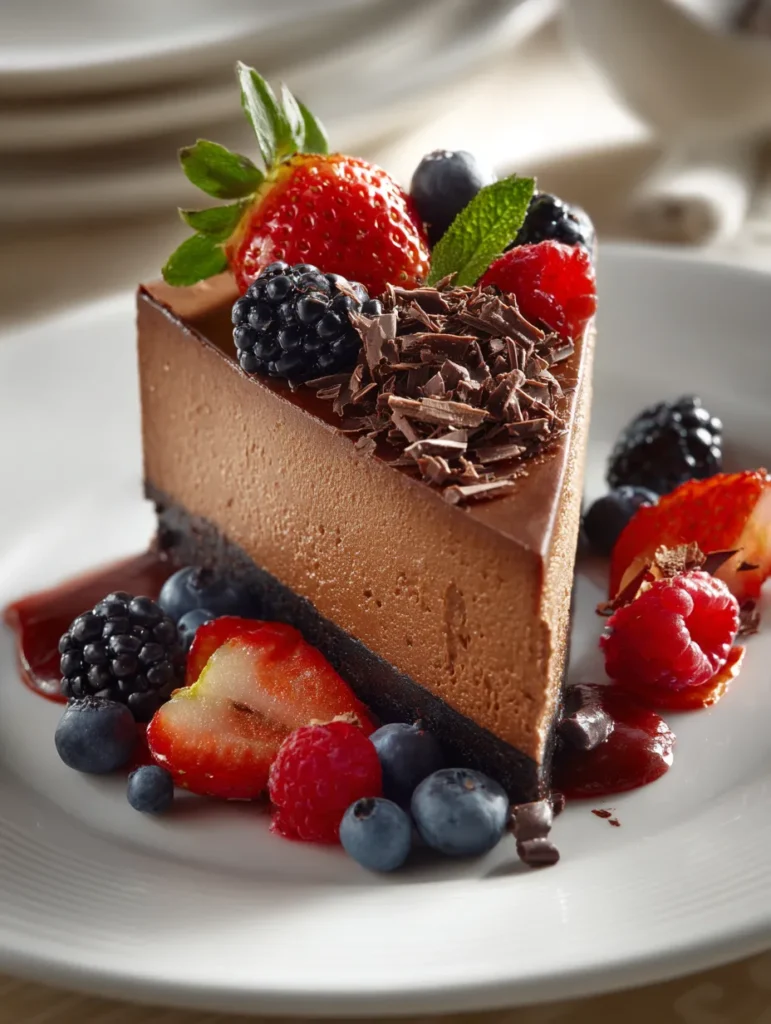 Triple Chocolate Cheesecake (Ultra-Creamy & Decadent Layered Dessert) 4 Slice of triple chocolate cheesecake served with berries and chocolate shavings.