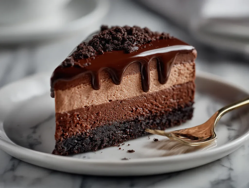 Triple chocolate cheesecake with crust and glossy ganache on marble background.