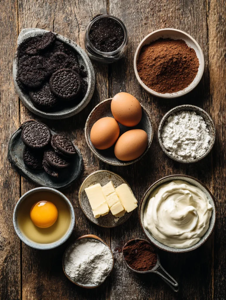 Triple Chocolate Cheesecake (Ultra-Creamy & Decadent Layered Dessert) 2 Flatlay of ingredients for triple chocolate cheesecake on rustic wooden surface.