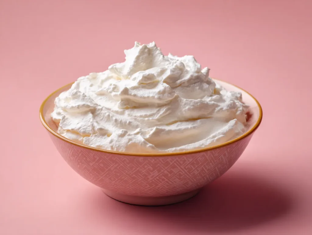 Homemade whipped cream in a bowl with soft peaks