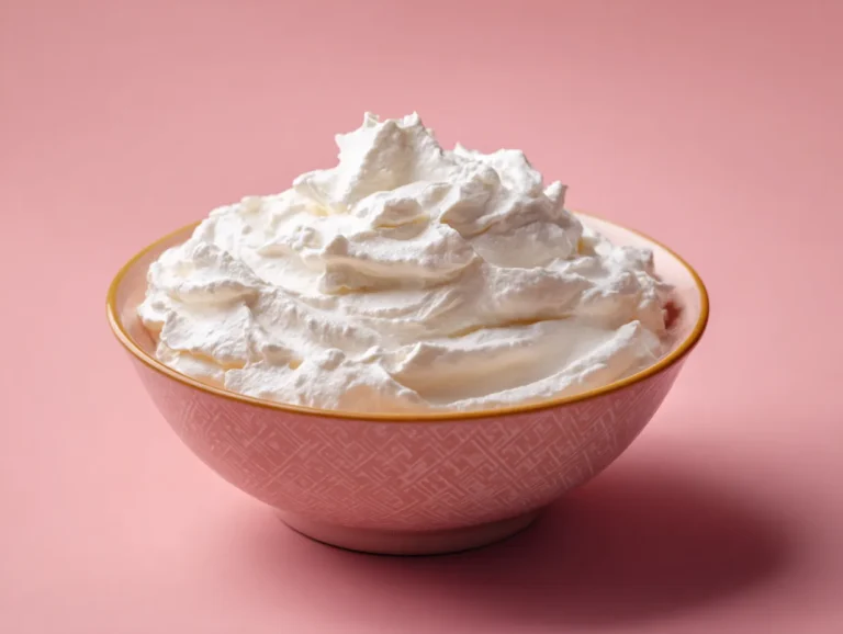 Homemade whipped cream in a bowl with soft peaks