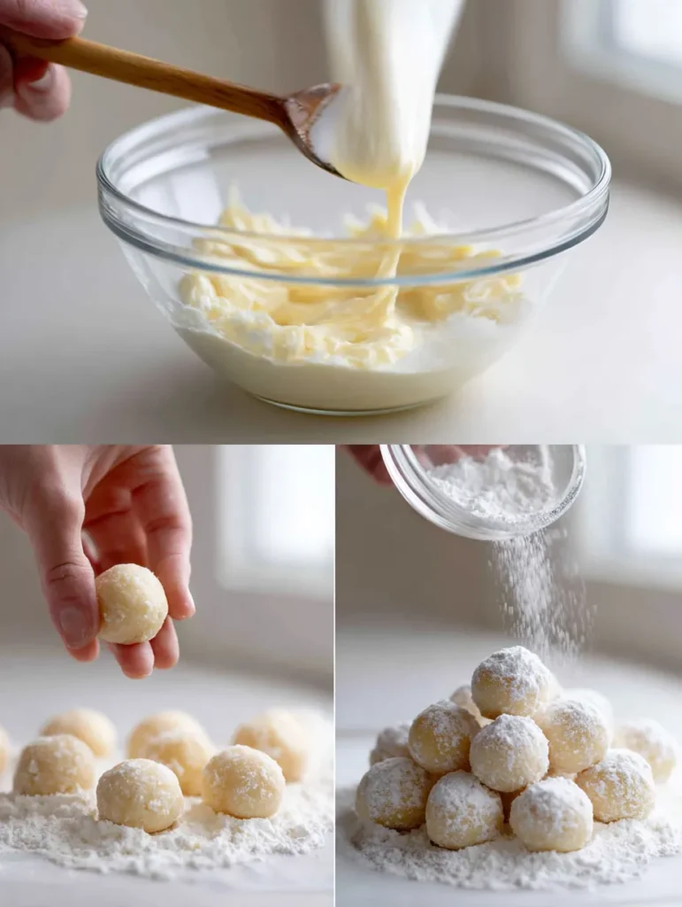 Sweetened Condensed Milk Snowball Cookies (Soft, Buttery & Snowy-Pretty) 6 brahim a A single collage image divided into four equal secti fca0145b 214f 4f6f ab64 dd04fab0ff52 1