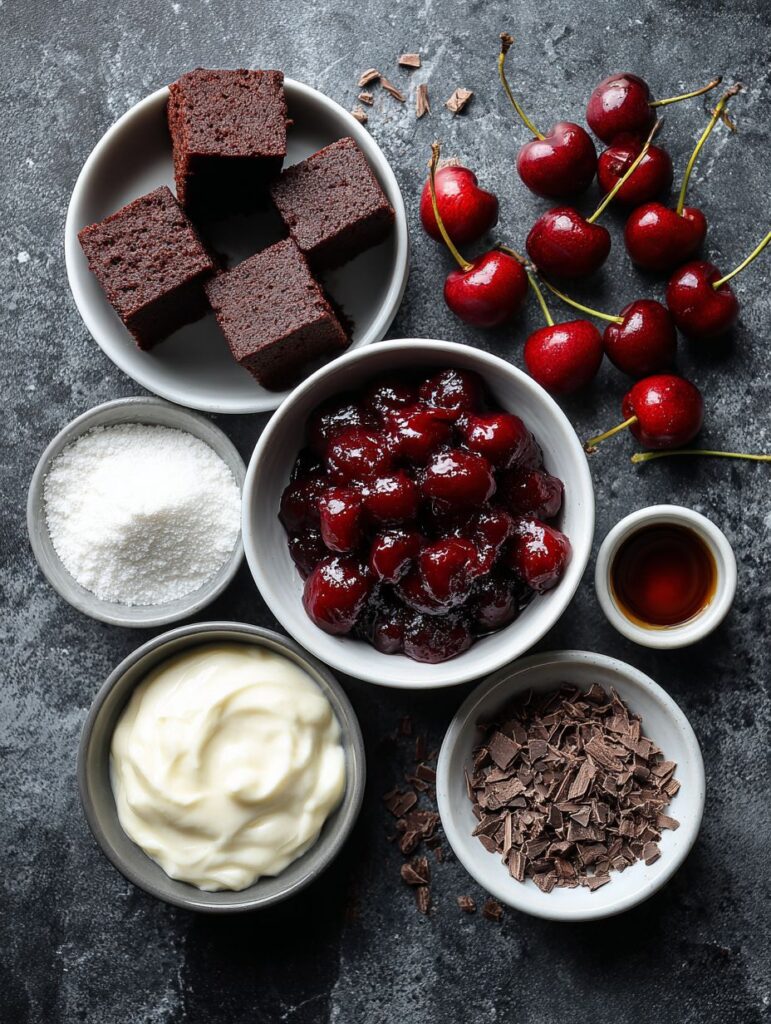 Black Forest Trifle - Rich Chocolate Layers with Cherries & Cream 6 brahim a Flat lay of Black Forest trifle ingredients on a dar 8e65a9fa 8c1e 4510 b309 492caa2a5428 1
