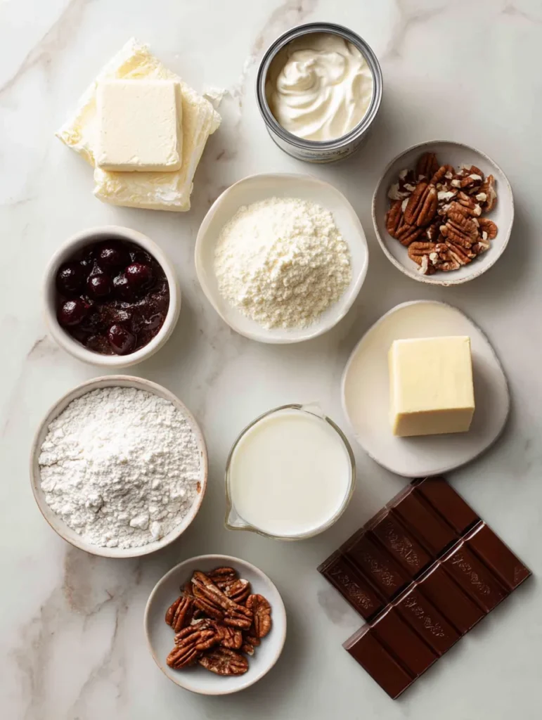 Chocolate Cherry Lush (Easy No-Bake Layered Dessert) 6 brahim a Flat lay of ingredients for chocolate cherry lush de 587614ff f856 4e5b b2cf 87c3e6daa6fb 1