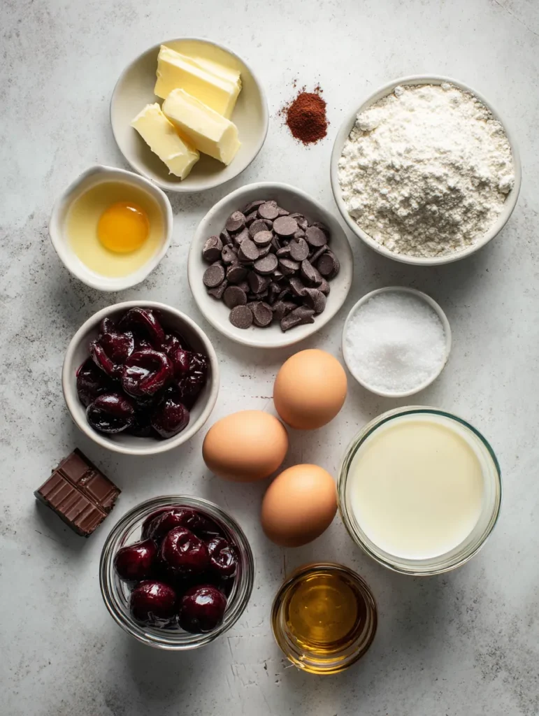 Flourless Chocolate Cherry Cake - Rich, Fudgy & Perfectly Romantic 6 brahim a Flat lay of ingredients for flourless chocolate cher 7cdb130a 8b1e 470a ac94 bbebb6ef6a27 2