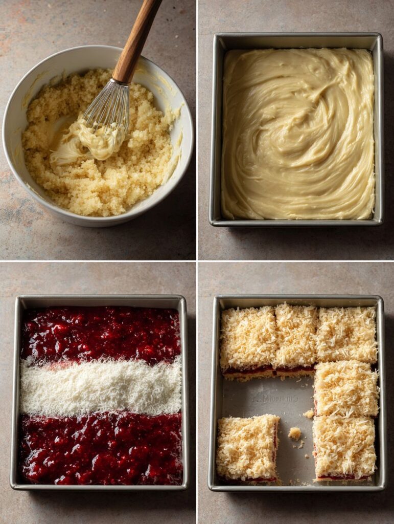 Raspberry Coconut Bars - Sweet, Tangy, and Perfectly Chewy 7 brahim a Four step baking process in one frame mixing buttery ae8713a1 346e 43cf 8994 a1cfea45c22d 2