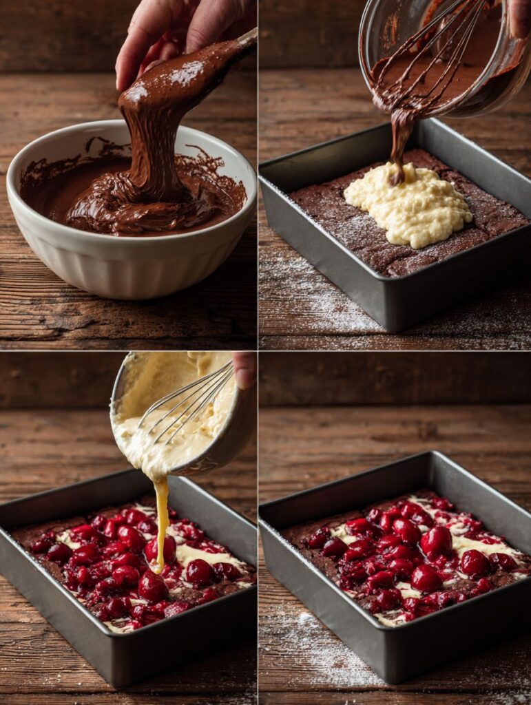 Cherry Cheesecake Brownies – Fudgy, Creamy, and Swirled to Perfection 7 brahim a Four step baking process in one frame mixing chocola 9e33257a 6647 4bb9 bb55 fcf1dbbc6355 3