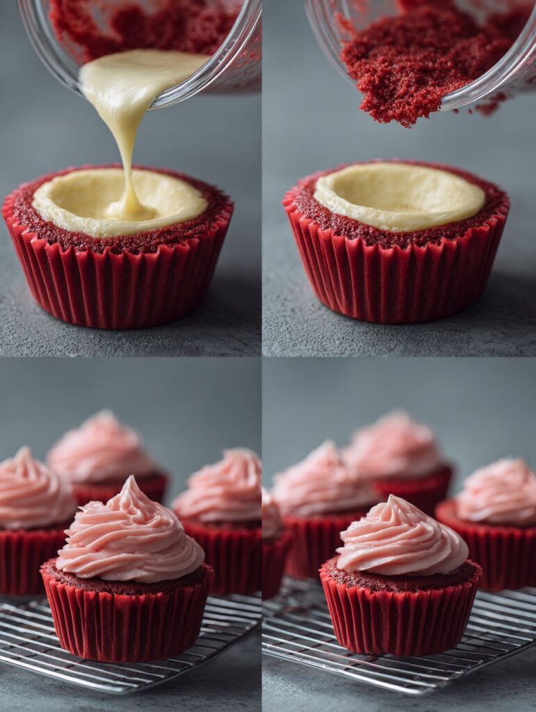 Strawberry Cheesecake Red Velvet Cupcakes – Rich, Creamy, and Perfectly Decadent 7 brahim a Four step baking process in one frame mixing red vel 561f6641 61ac 4484 ae2d aa5177c518ac 2