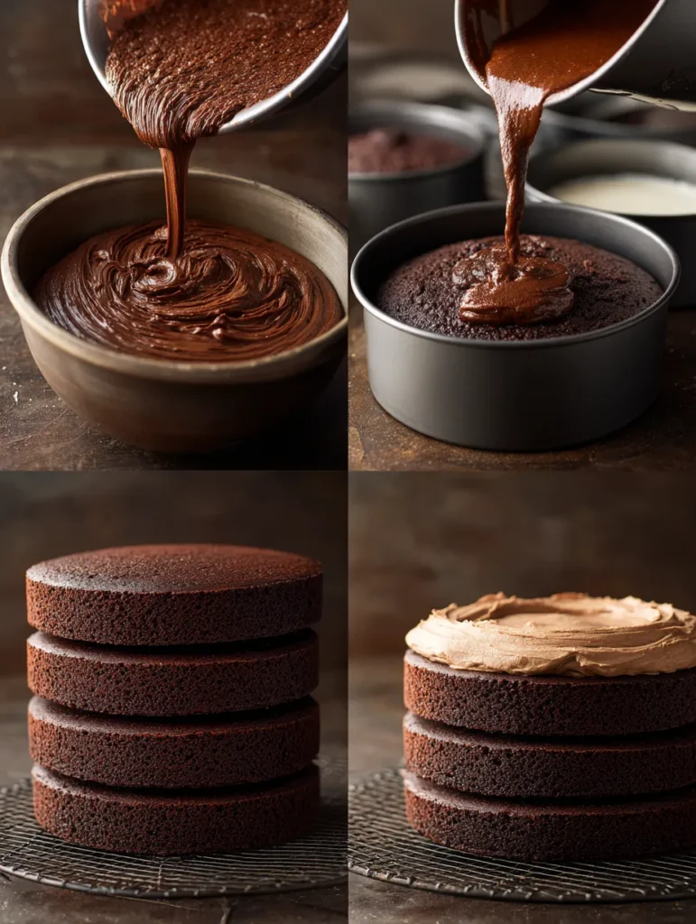 Easy, Moist Chocolate Cake with Coffee Buttercream The Ultimate Crowd-Pleasing Dessert 7 brahim a Four step baking process in one image mixing chocola a67bd719 2f49 4261 b24a a9b3434fc64d 1