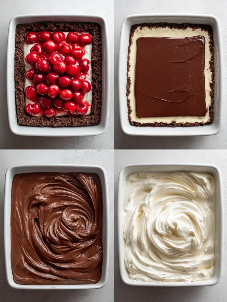 Chocolate Cherry Lush (Easy No-Bake Layered Dessert) 7 brahim a Four step collage image showing how to make chocolat 0ec35be9 110c 42f2 b735 54ad979dc233 1