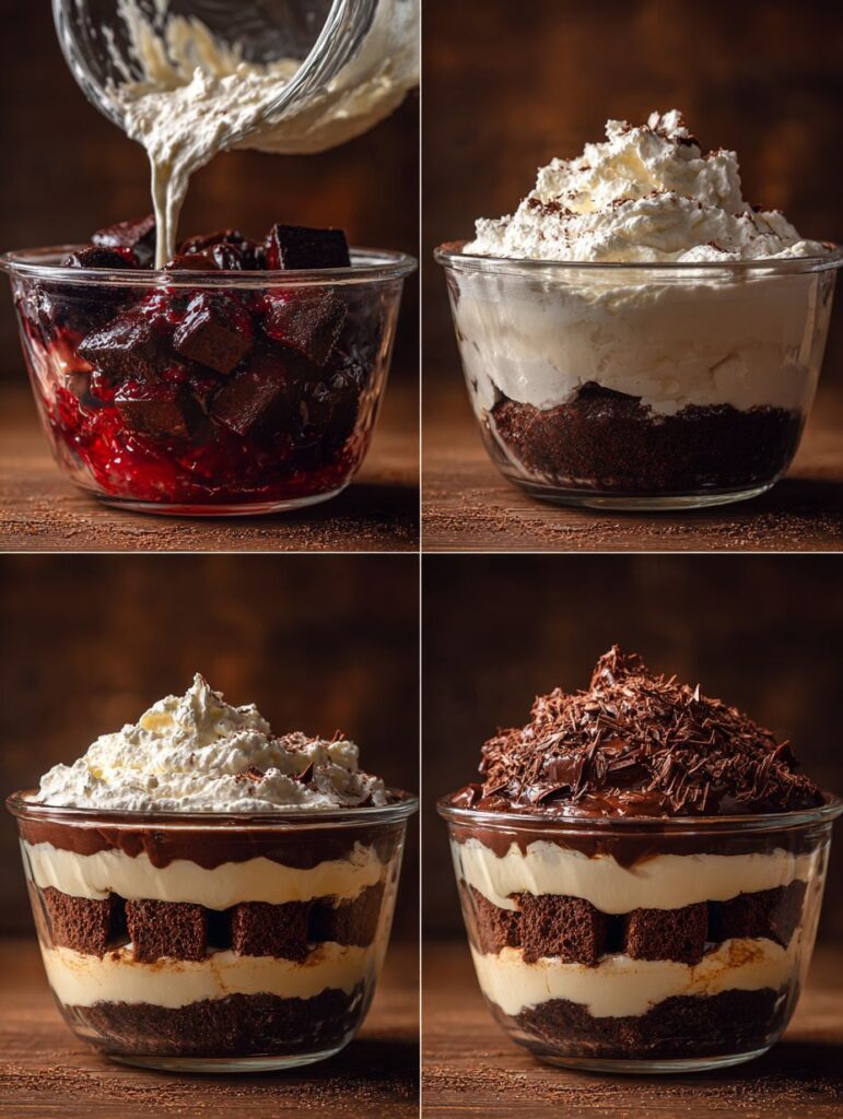 Black Forest Trifle - Rich Chocolate Layers with Cherries & Cream 7 brahim a Four step dessert assembly process in one frame laye 20141af6 f7a4 4cf5 9a27 f44fd6ca2296 3