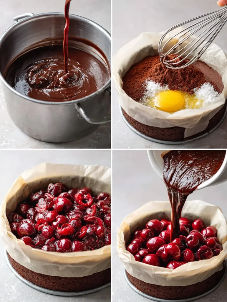 Flourless Chocolate Cherry Cake - Rich, Fudgy & Perfectly Romantic 7 brahim a Step by step collage image 4 sections showing the pr 81e9aebf 3c41 4fcf b310 799070af779c 1