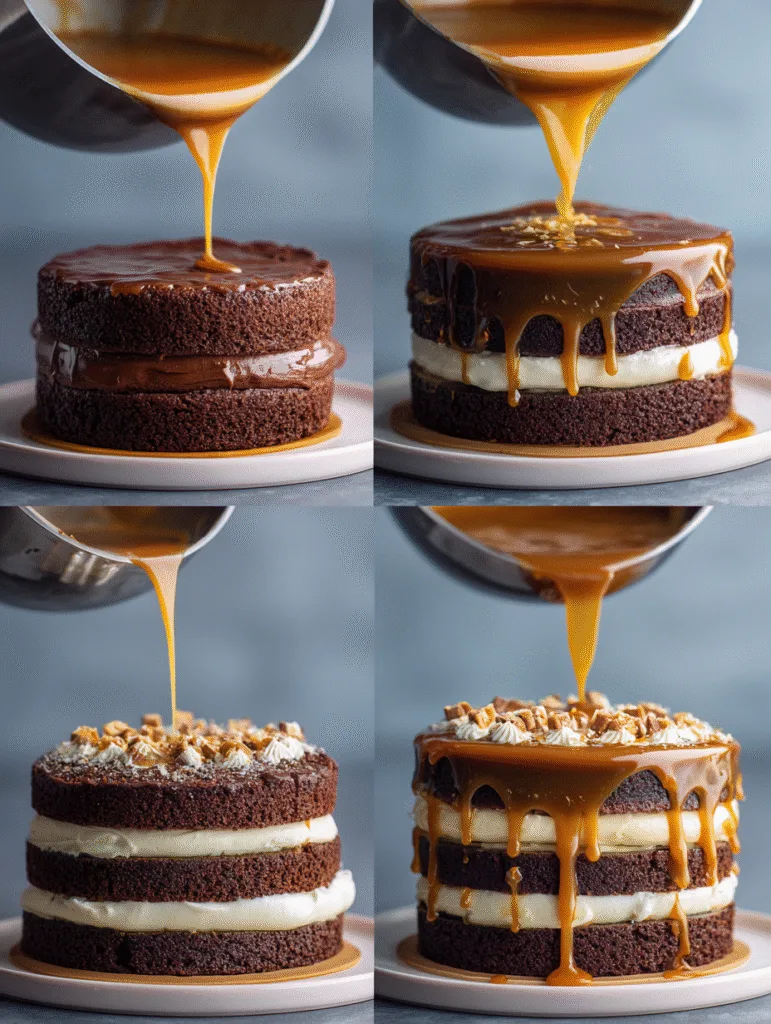 brahim a 4 step collage showing chocolate caramel cake proces 57a707b2 bf58 4a1b ae63 5deab24612ae 1